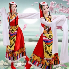藏族舞蹈演出服装女成人+水袖演出服长裙广场舞民族服装表演服饰